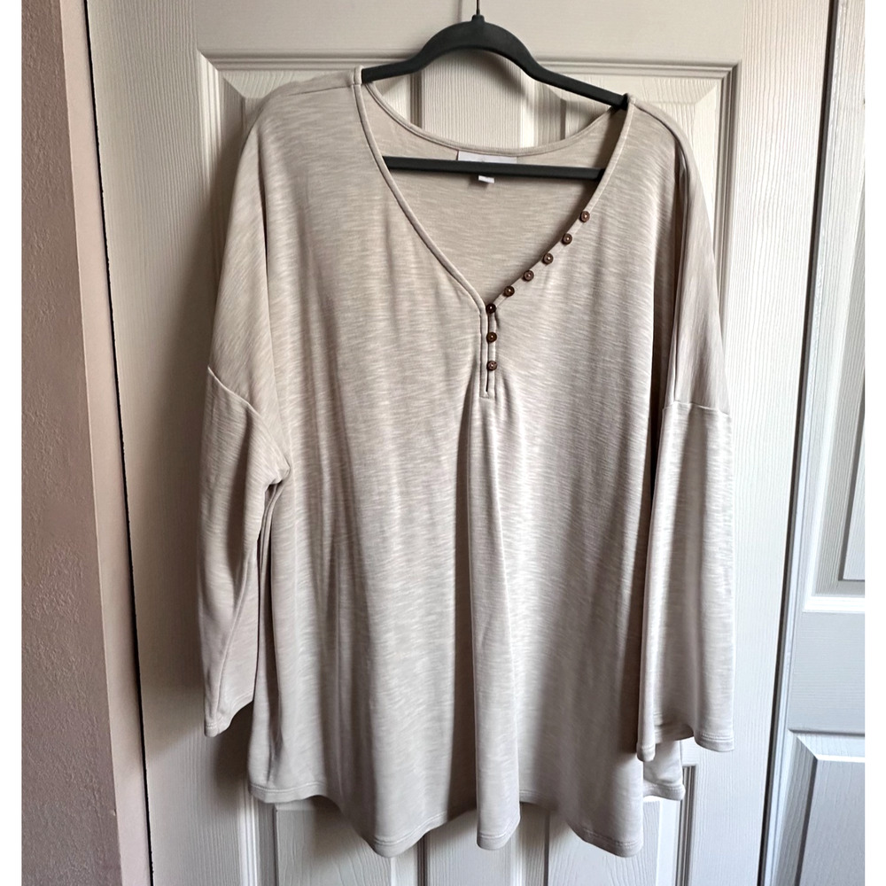 Pure Jill Womens 3X Oatmeal Heather Sand Washed Long Sleeve Henley Top